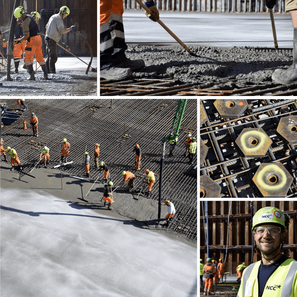 Kronløbsøen - støbning af første del af bundpladen i Kronløbsbassinet. Beton arbejdere fordeler beton ud over armering.